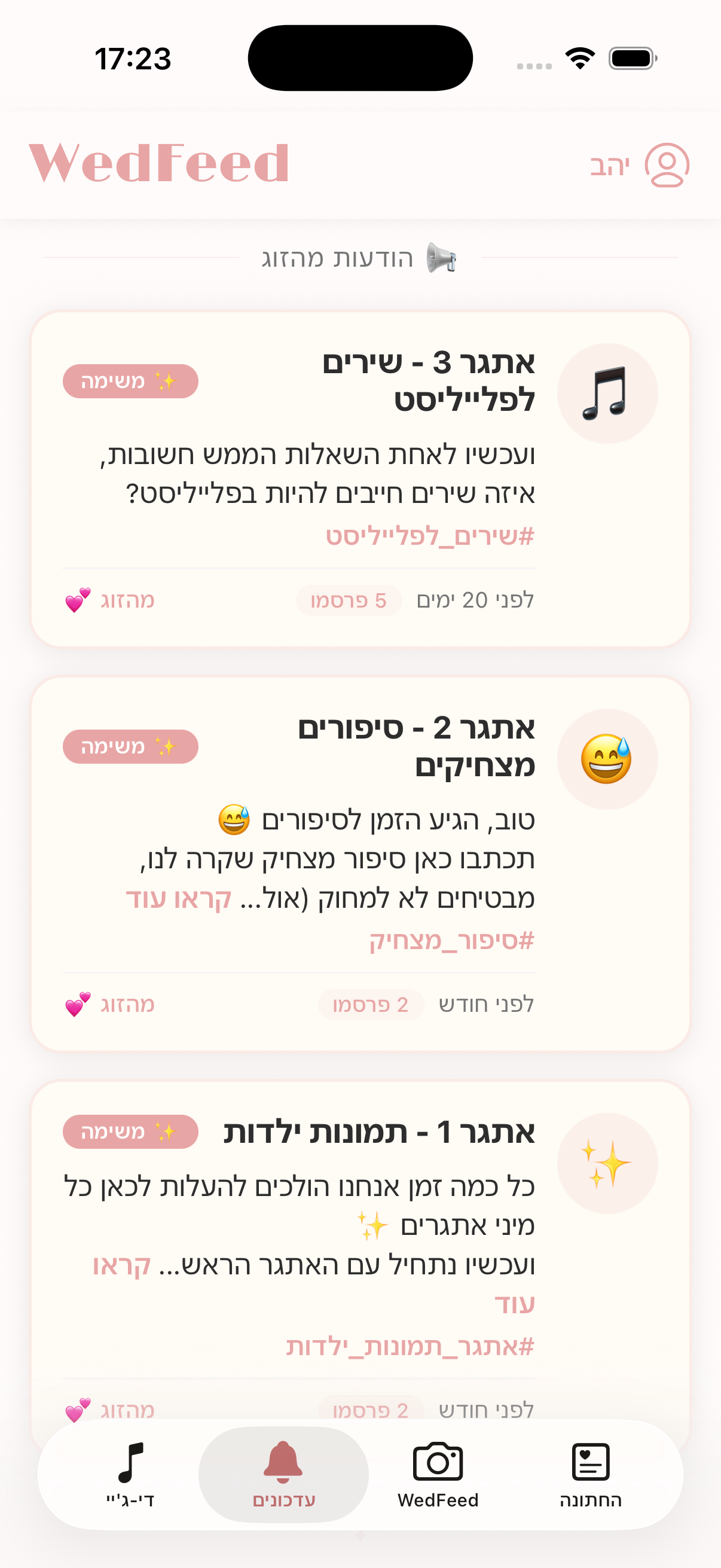 WedFeed pre-wedding announcements screen